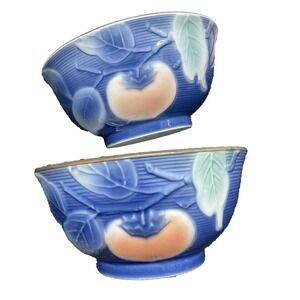 Vintage Andrea by Sadek Japanese Hand Painted Bowls Set Blue Embossed Persimmon